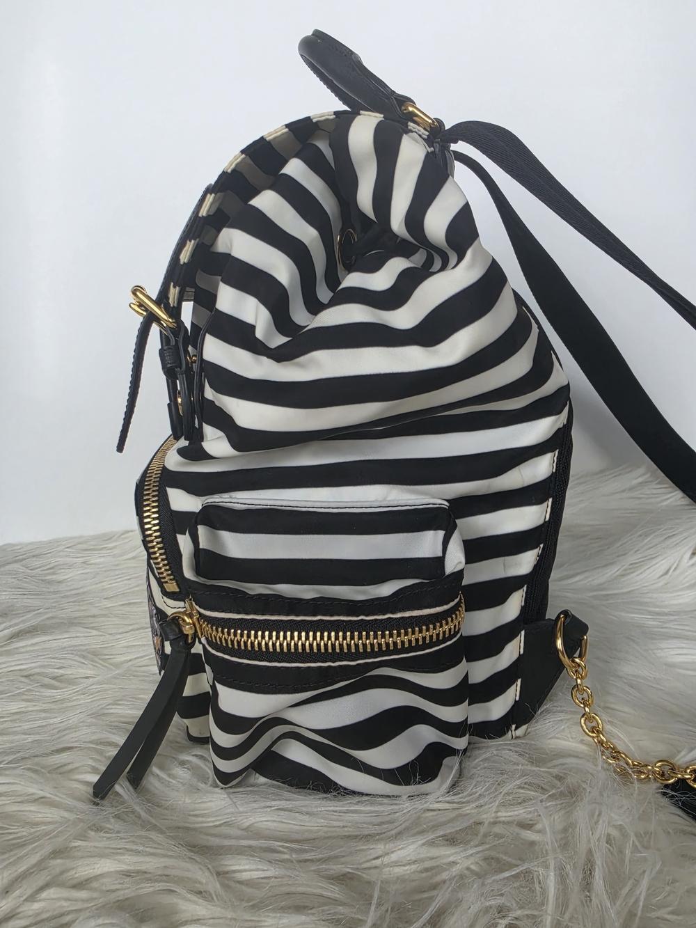 Burberry Black & White Striped Backpack with Embroidered Patches - Picture 5 of 16